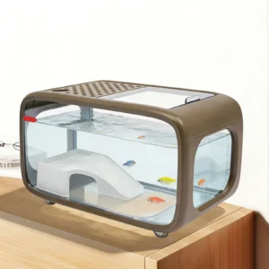 Aquarium Fish Tank|Desktop Rectangular Fish Tank 3.17 Gallon with Climbing Rack|Brown/White