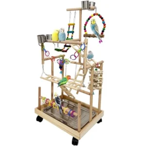5 Layers Large Bird Playstand with Wheel Natural Wood Parrot Playground Parakeet Perch Stand Small Bird Playgym with Ladder Toy