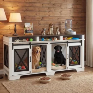 71" Double Dog Crate Furniture with Sliding Doors,Wood & Metal Dog Cage with Divider,Large Dog Kennel,Indoor Crate TV Stand