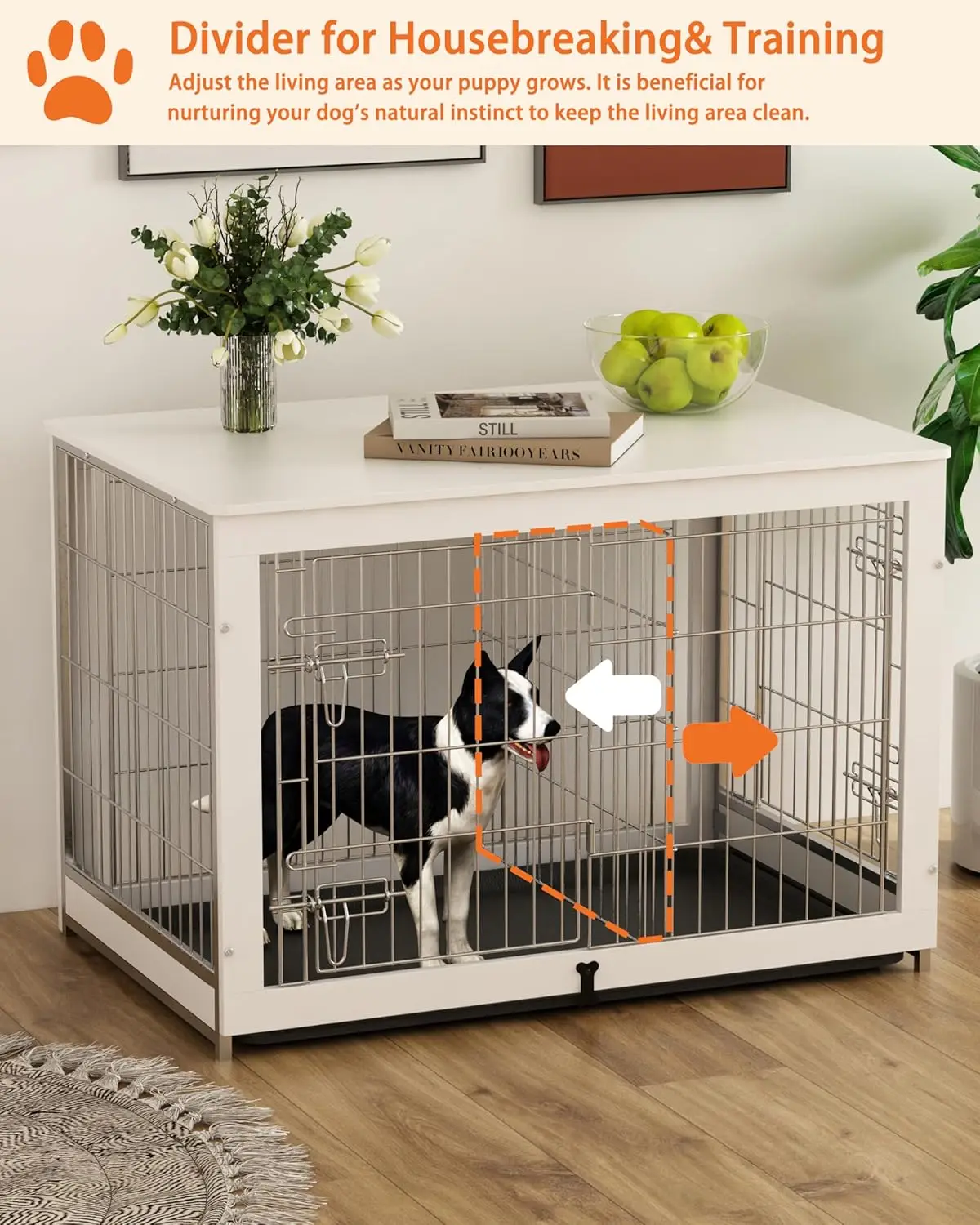 Wooden Dog Crate Furniture with Divider Panel, Double Doors End Table for Medium Dogs, Indoor Dog Kennel with Removable Tray, - Image 4