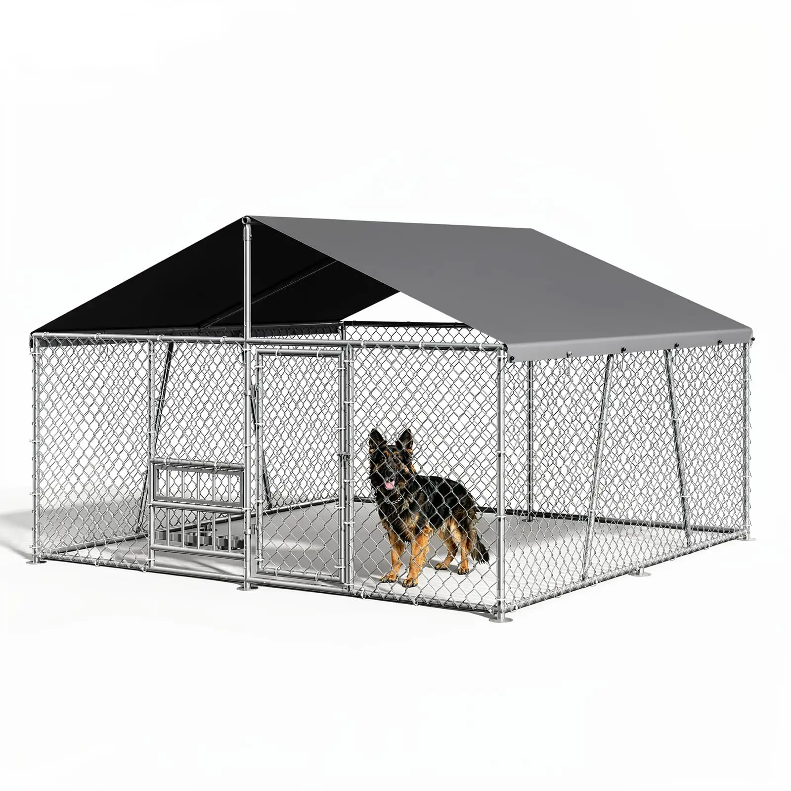 10x10x5.9FT Outside Dog Enclosure With PE Waterproof Roof, 360° Feeding Door, Heavy Duty Lockable Galvanized Kennel - Image 2