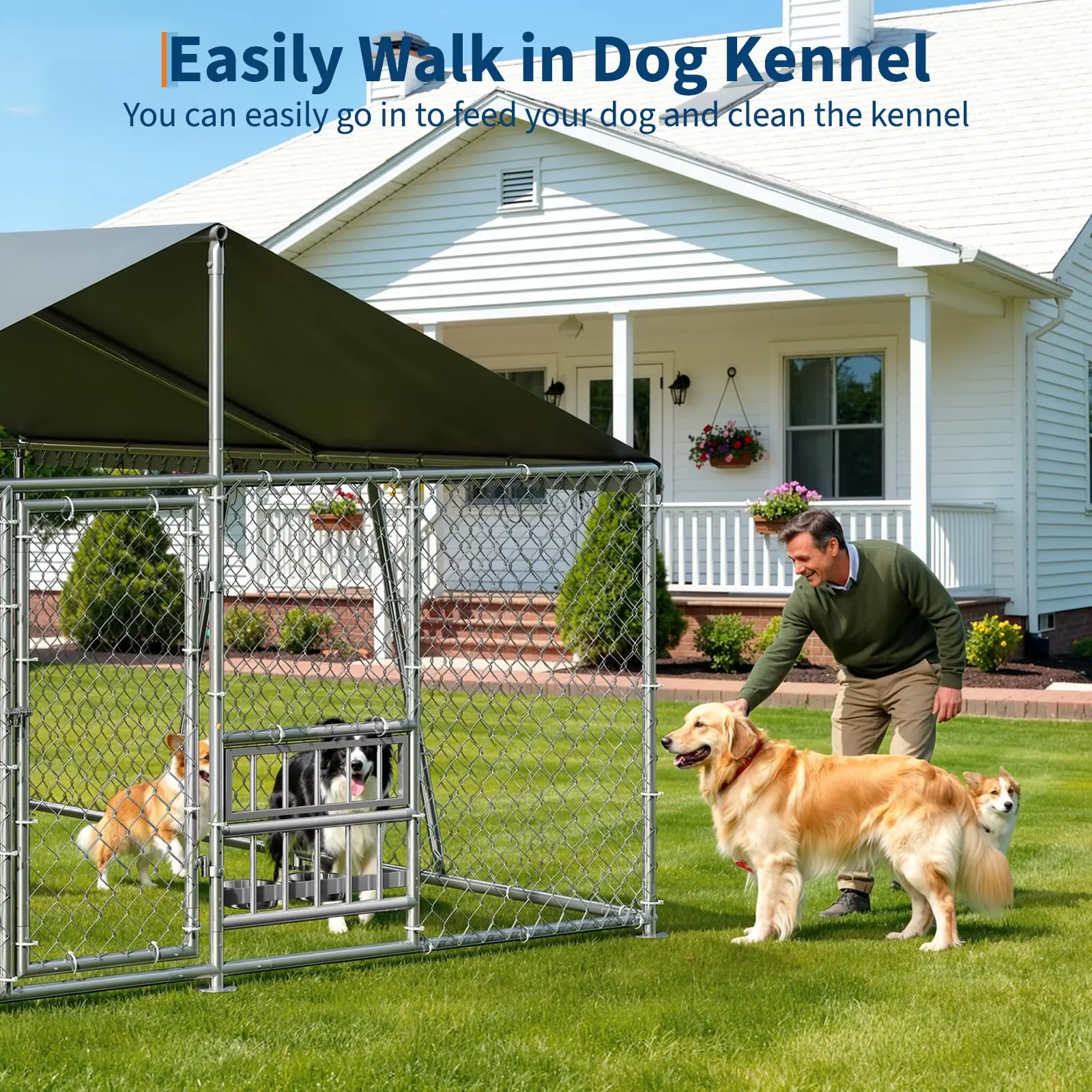 10x10x5.9FT Outside Dog Enclosure With PE Waterproof Roof, 360° Feeding Door, Heavy Duty Lockable Galvanized Kennel - Image 6