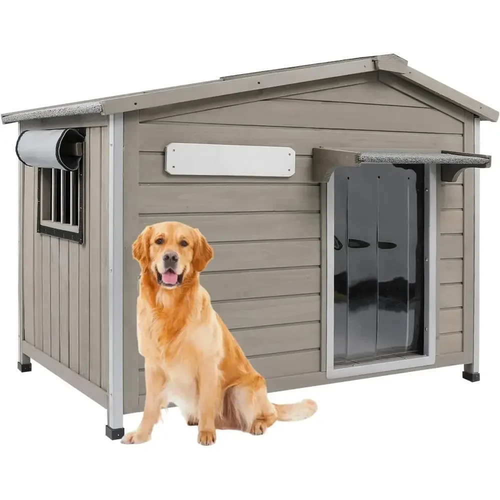 Large 40.2 Indoor/Outdoor Wooden Dog House with Weatherproof Roof, Spacious Kennel for Small to Large Dogs, Grey