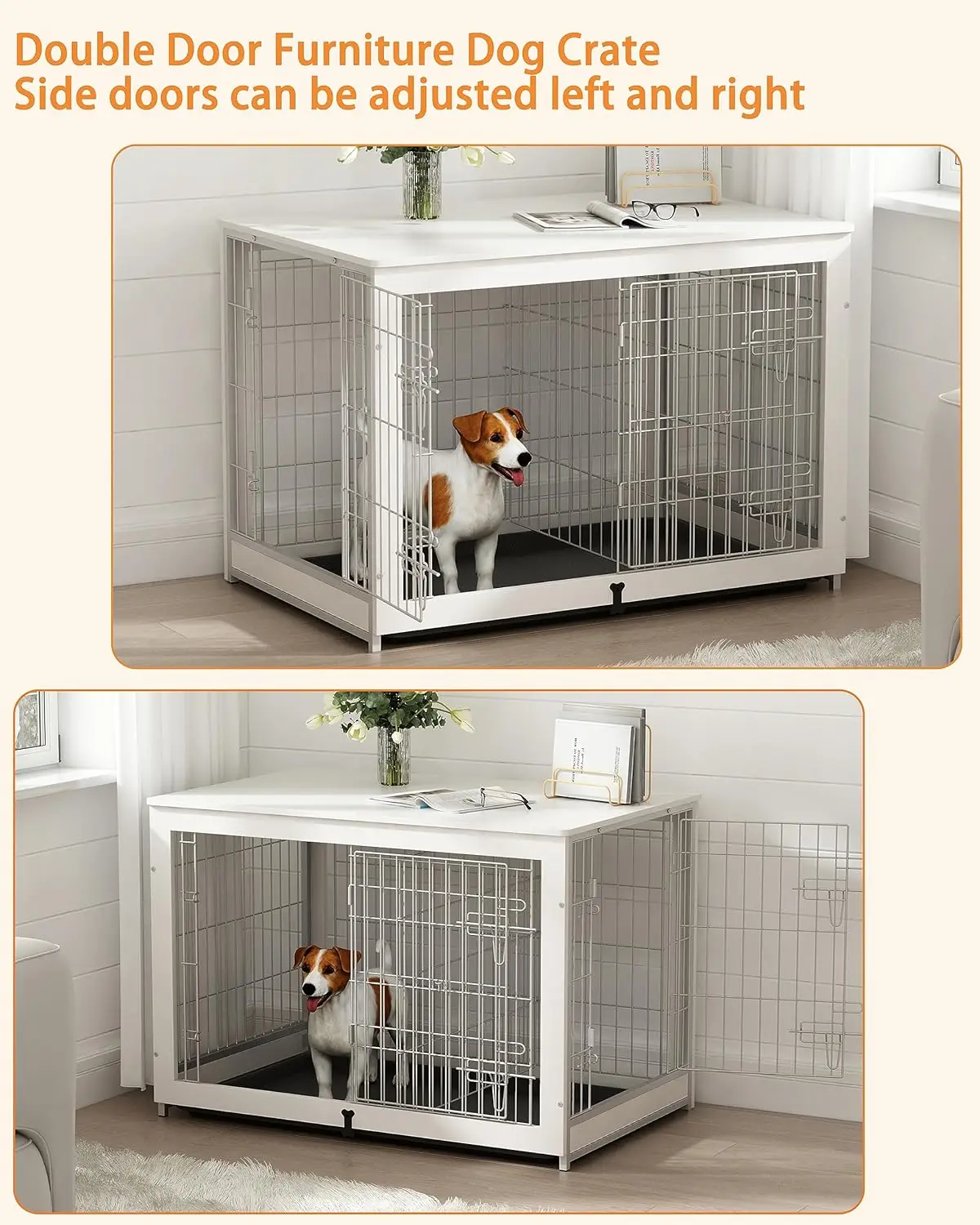 Wooden Dog Crate Furniture with Divider Panel, Double Doors End Table for Medium Dogs, Indoor Dog Kennel with Removable Tray, - Image 6