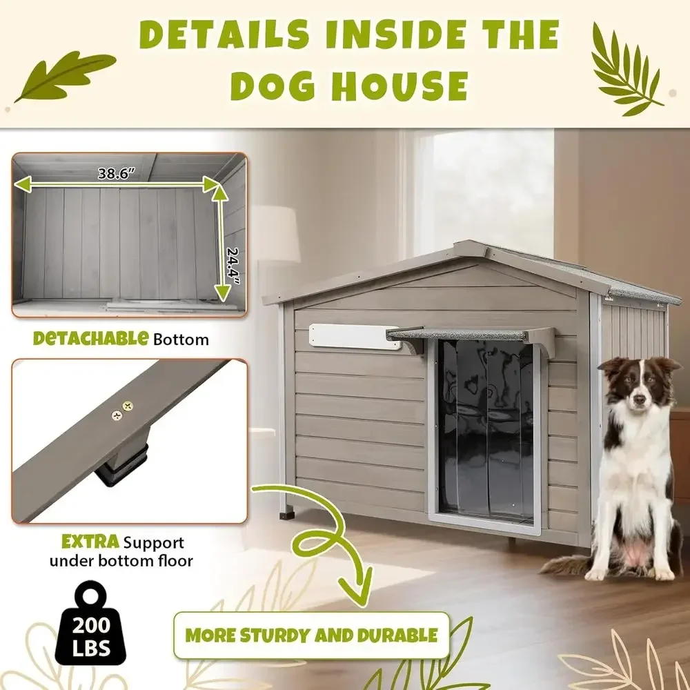 Large 40.2 Indoor/Outdoor Wooden Dog House with Weatherproof Roof, Spacious Kennel for Small to Large Dogs, Grey - Image 6