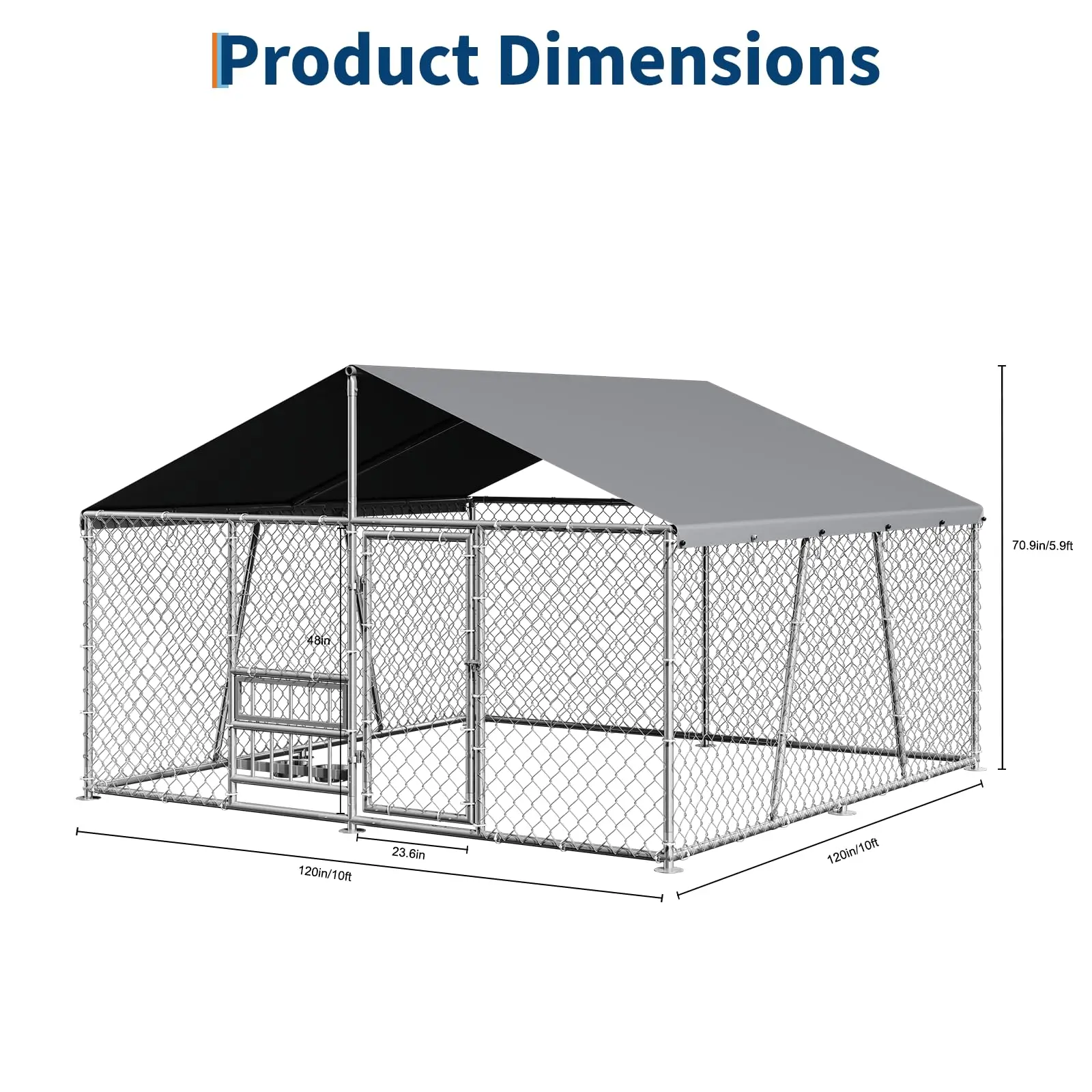 10x10x5.9FT Outside Dog Enclosure With PE Waterproof Roof, 360° Feeding Door, Heavy Duty Lockable Galvanized Kennel - Image 3