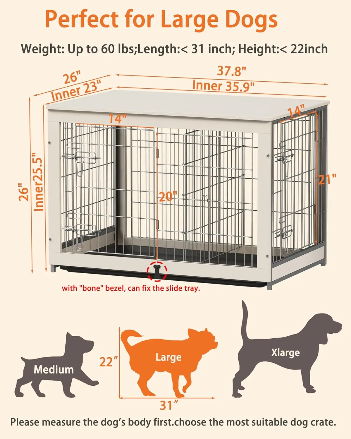 Wooden Dog Crate Furniture with Divider Panel, Double Doors End Table for Medium Dogs, Indoor Dog Kennel with Removable Tray, - Image 3