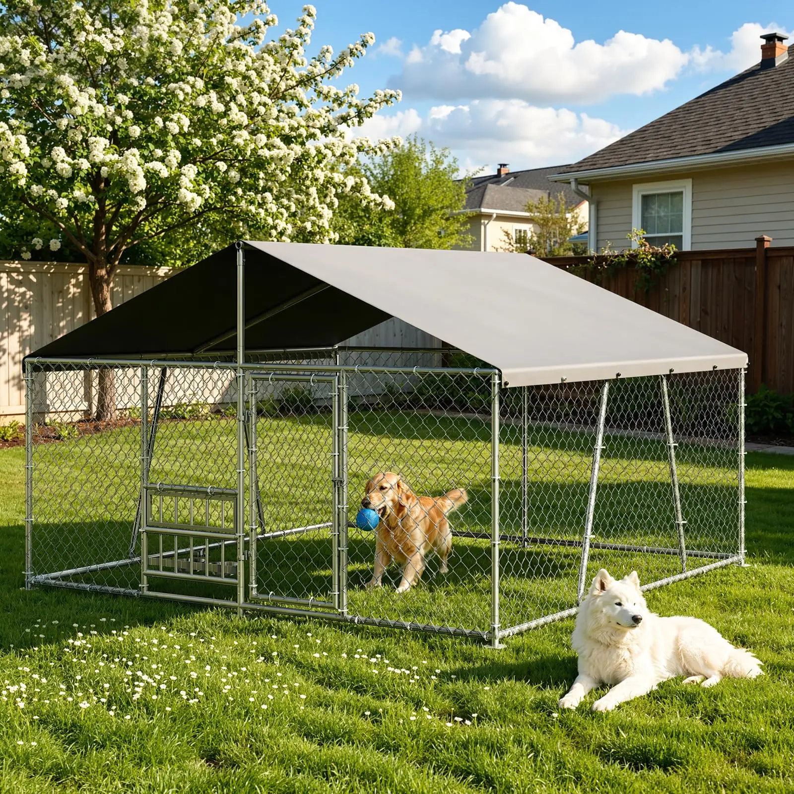 10x10x5.9FT Outside Dog Enclosure With PE Waterproof Roof, 360° Feeding Door, Heavy Duty Lockable Galvanized Kennel - Image 8