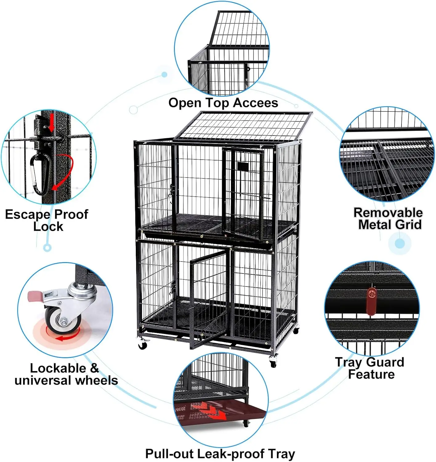 Two Tier Dog Crate for Small Dogs, Heavy Duty Wire Kennel with Lockable Wheels, Escape Proof Indoor Cage with Removable Tray, 31 - Image 4