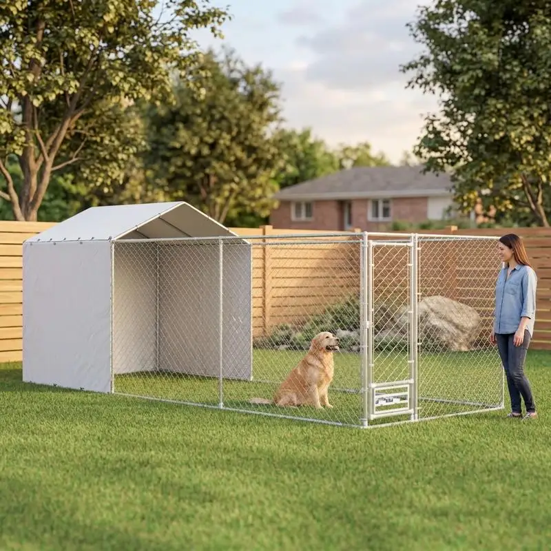 PawHut Galvanized Chain Link Large Outdoor Dog Kennel with Waterproof & UV-Resistant Cover, for M&L Dogs, 19.7' x 7.5' x 7.5' - Image 2