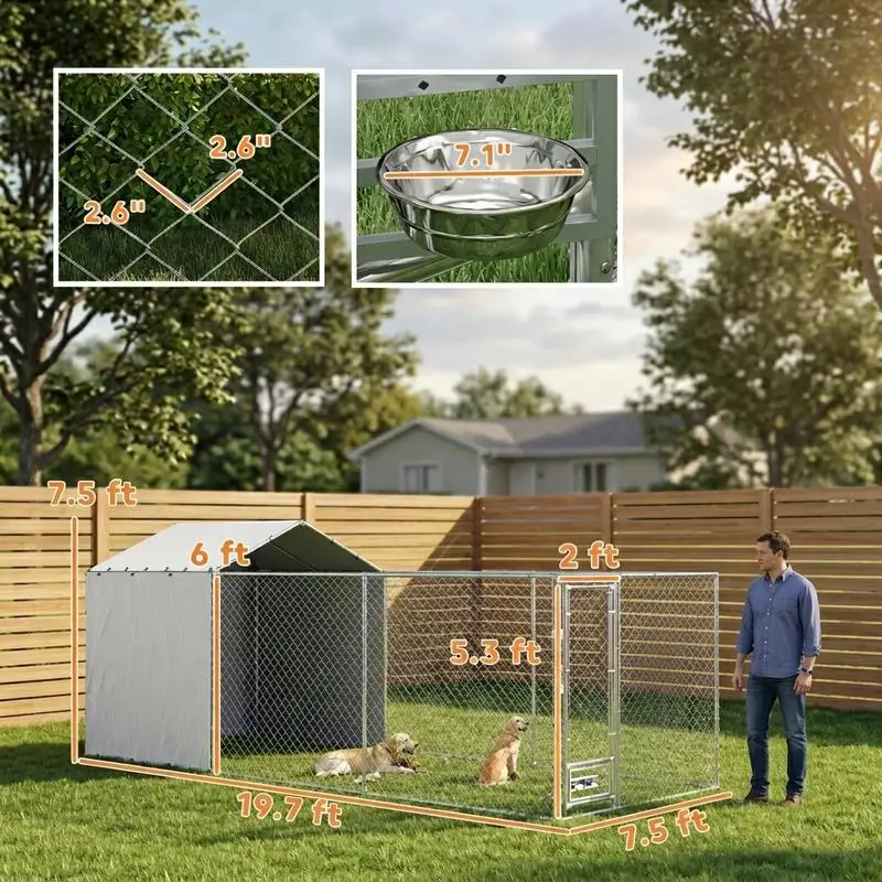 PawHut Galvanized Chain Link Large Outdoor Dog Kennel with Waterproof & UV-Resistant Cover, for M&L Dogs, 19.7' x 7.5' x 7.5' - Image 3