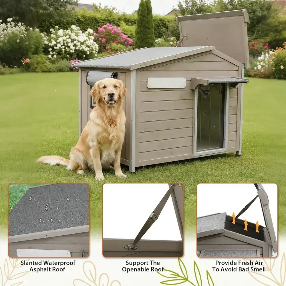 Large 40.2 Indoor/Outdoor Wooden Dog House with Weatherproof Roof, Spacious Kennel for Small to Large Dogs, Grey - Image 5