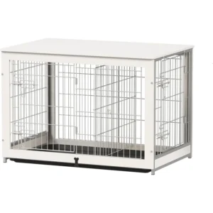 Wooden Dog Crate Furniture with Divider Panel, Double Doors End Table for Medium Dogs, Indoor Dog Kennel with Removable Tray,