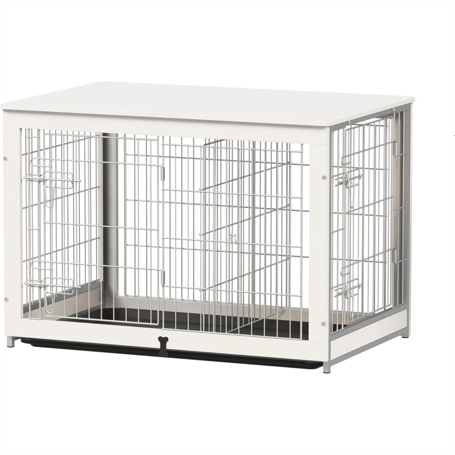 Wooden Dog Crate Furniture with Divider Panel, Double Doors End Table for Medium Dogs, Indoor Dog Kennel with Removable Tray,