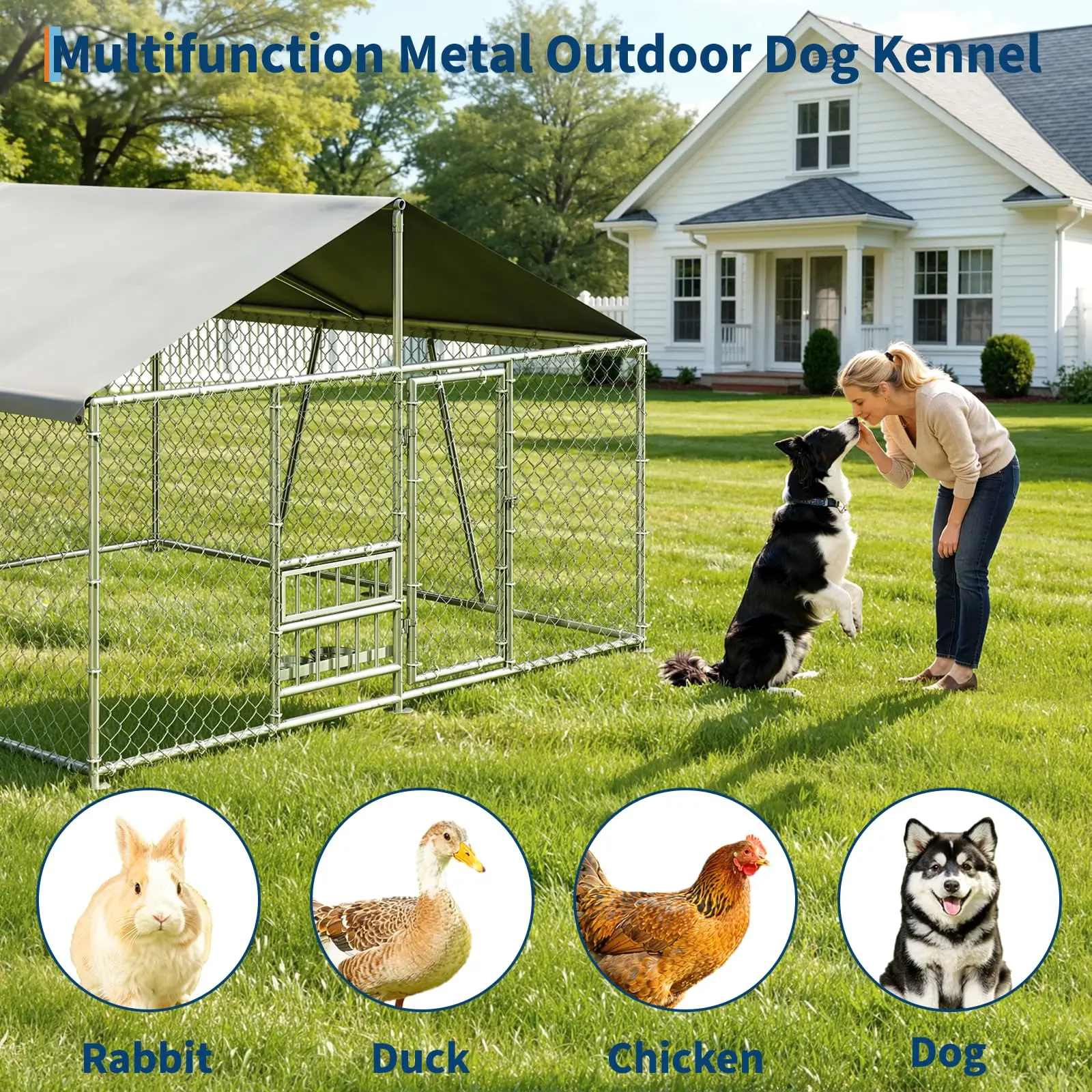 10x10x5.9FT Outside Dog Enclosure With PE Waterproof Roof, 360° Feeding Door, Heavy Duty Lockable Galvanized Kennel - Image 7