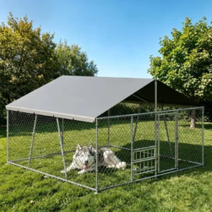 10x10x5.9FT Outside Dog Enclosure With PE Waterproof Roof, 360° Feeding Door, Heavy Duty Lockable Galvanized Kennel
