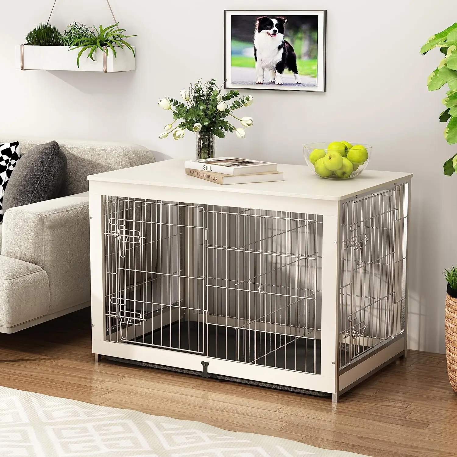 Wooden Dog Crate Furniture with Divider Panel, Double Doors End Table for Medium Dogs, Indoor Dog Kennel with Removable Tray, - Image 2