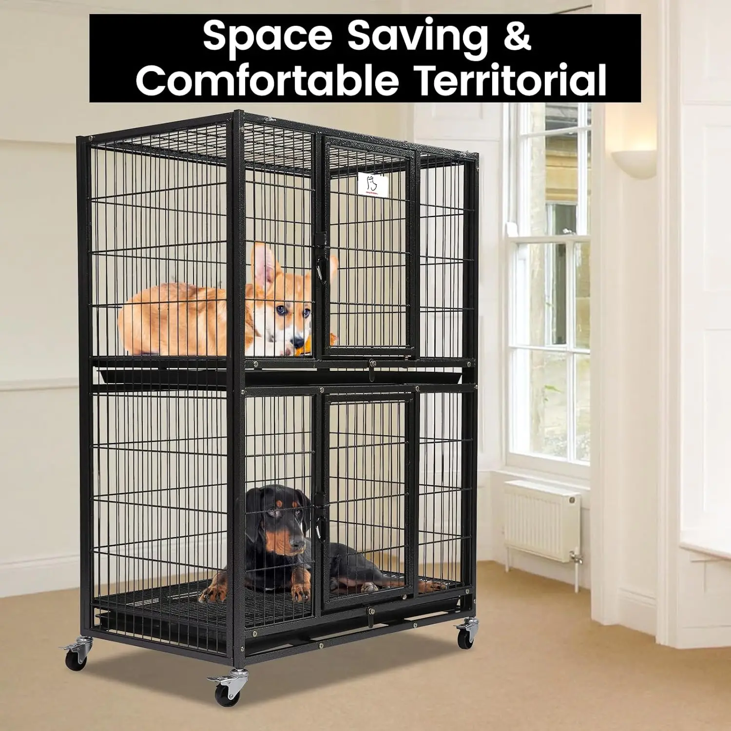 Two Tier Dog Crate for Small Dogs, Heavy Duty Wire Kennel with Lockable Wheels, Escape Proof Indoor Cage with Removable Tray, 31 - Image 3
