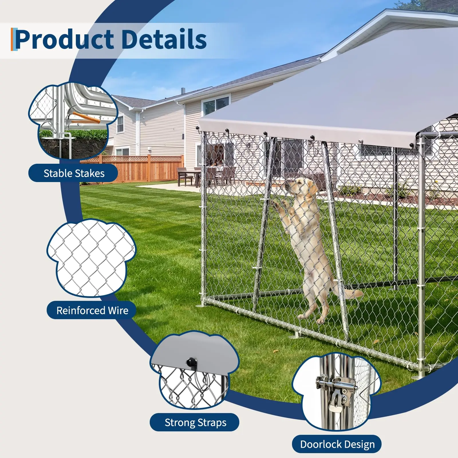 10x10x5.9FT Outside Dog Enclosure With PE Waterproof Roof, 360° Feeding Door, Heavy Duty Lockable Galvanized Kennel - Image 4