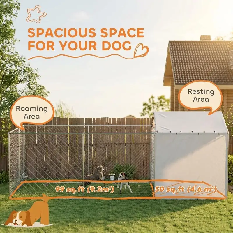 PawHut Galvanized Chain Link Large Outdoor Dog Kennel with Waterproof & UV-Resistant Cover, for M&L Dogs, 19.7' x 7.5' x 7.5' - Image 4