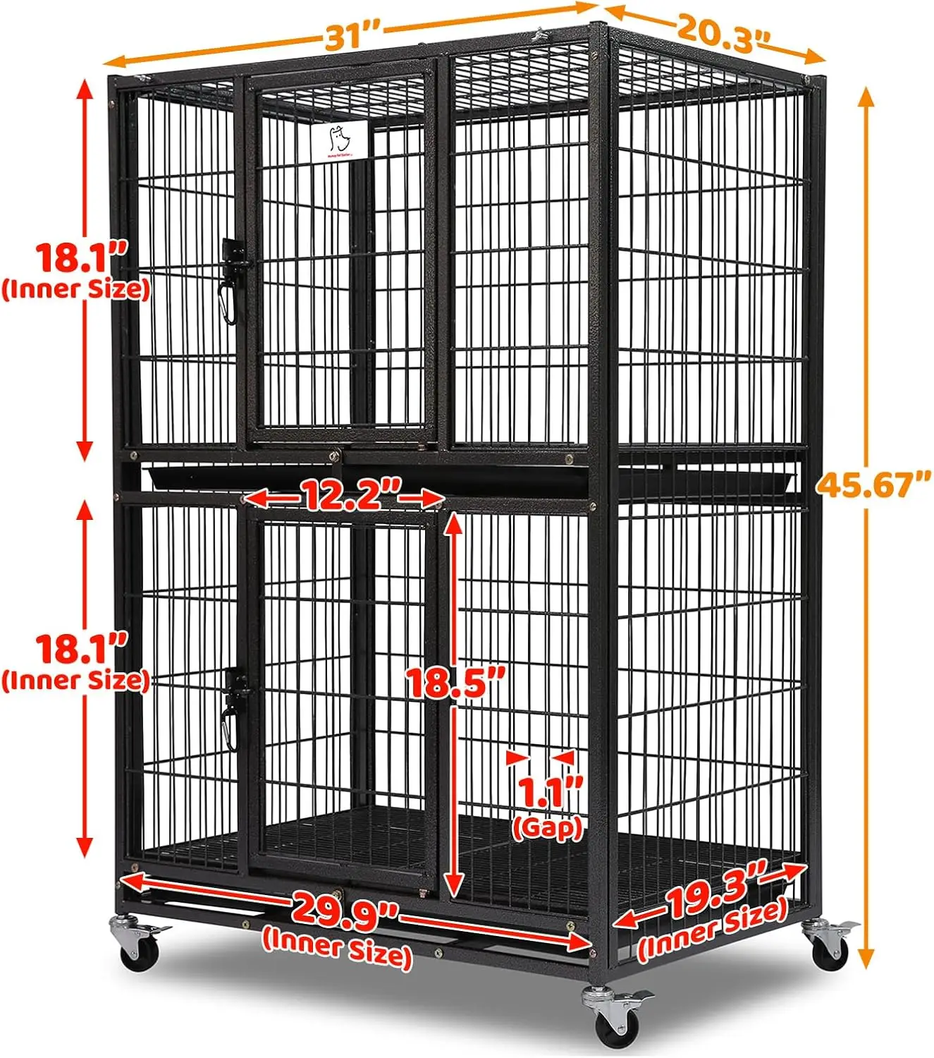 Two Tier Dog Crate for Small Dogs, Heavy Duty Wire Kennel with Lockable Wheels, Escape Proof Indoor Cage with Removable Tray, 31 - Image 2